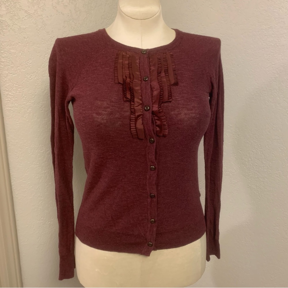 Eddie Bauer S Maroon Cardigan Sweater Lightweight Ruffle Detail Cotton
